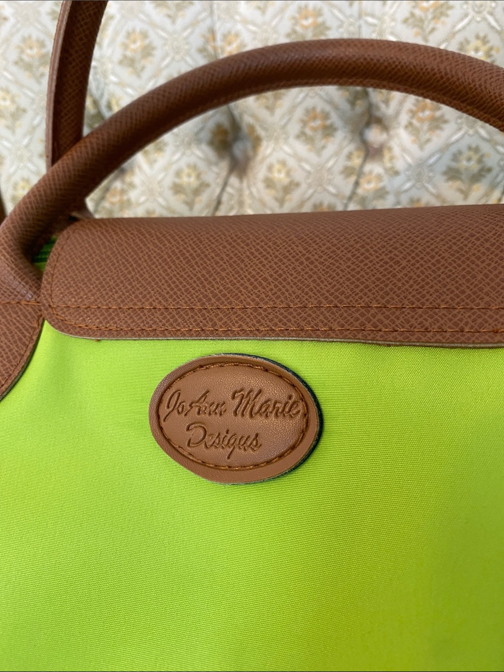 Bright Lime Green Nylon Tote with Brown Faux Leather Trim - Picture 4 of 7